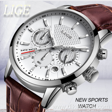 LIGE Mens Watches Top Brand Leather Chronograph Waterproof Sport Automatic Date Quartz Watch For Men Relogio Masculino